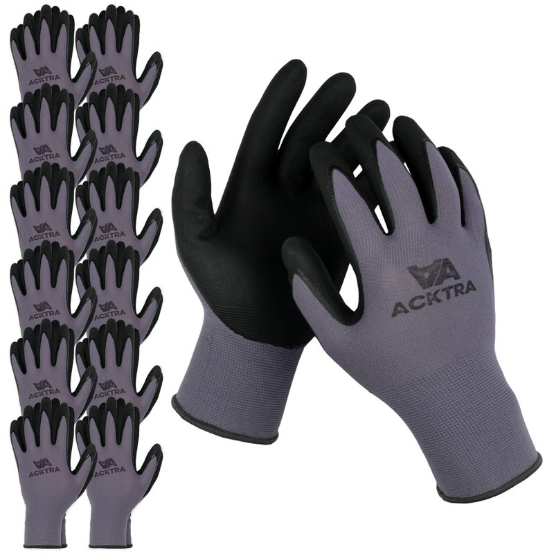 ACKTRA WG019 Safety WORK GLOVES 12 pairs, 15G Seamless Grey Nylon Spandex Shell, Black Nitrile MicroFoam Finish Coated, Comfort Fit, Power Grip, for Men and Women, Medium - Image 1